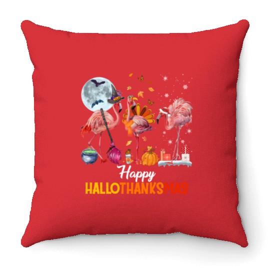 Flamingo Halloween And Merry Christmas Happy Throw Pillows