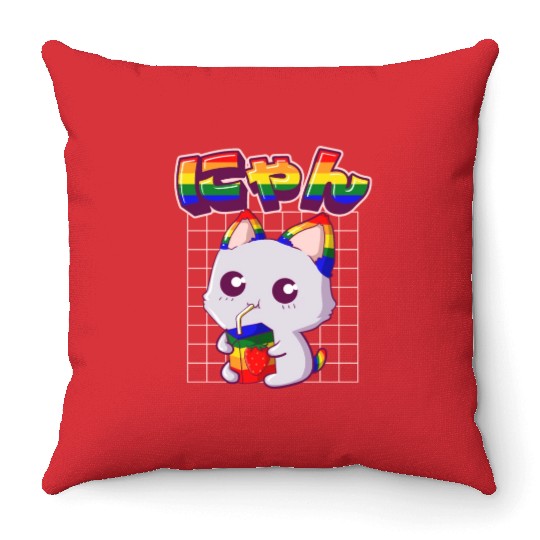 Gay Pride Kawaii Cat Strawberry Milk Rainbow Flag Throw Pillows