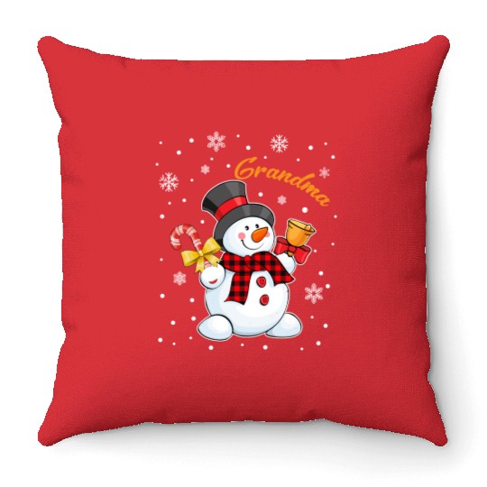 Grandma Snowman Candy Cane Christmas Red Plaid Throw Pillows