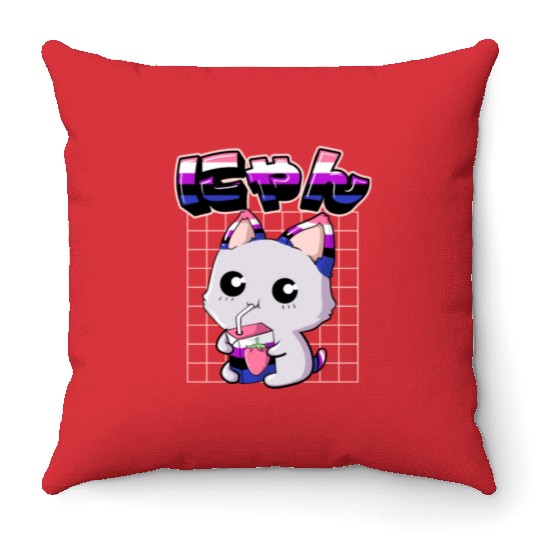 Genderfluid Pride Kawaii Cat Strawberry Milk Throw Pillows