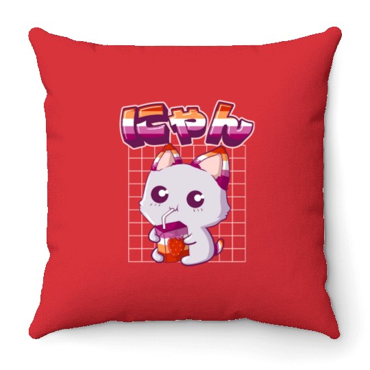 Lesbian Pride Gay Kawaii Cat Strawberry Milk Lesbi Throw Pillows