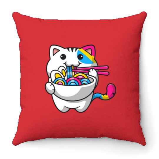 Pansexual Pride Kawaii Cat Ramen Noodles Pansexual Throw Pillows