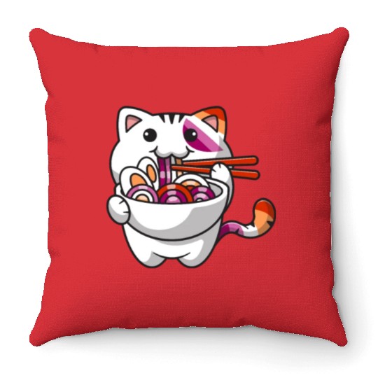 Lesbian Pride Gay Kawaii Cat Ramen Noodles Lesbian Throw Pillows