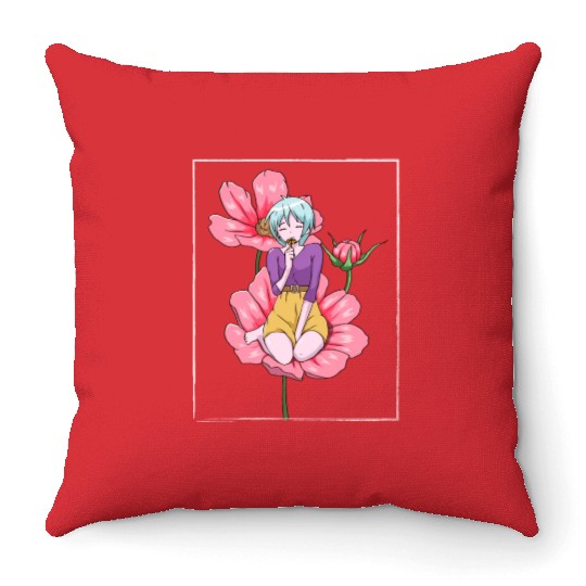 Bloomcore Aesthetic Anime Girl Flowers Cottagecore Throw Pillows