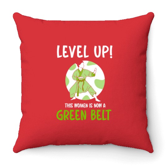 Level Up! This women is now a green belt Throw Pillows