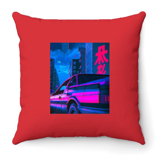Vaporwave Car Synthwave City Throw Pillows