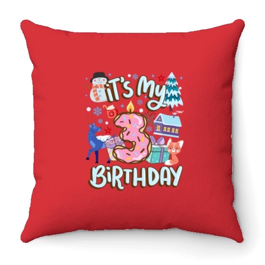 It's My 3 Birthday Snowman Holiday Donut Winter Throw Pillows