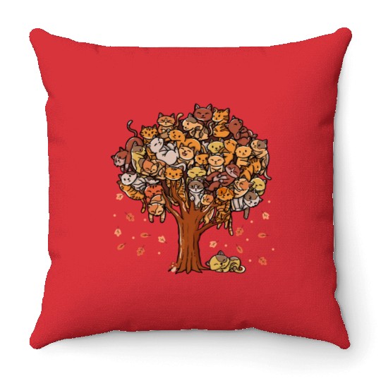 Autumn Tree Kittens Family Of Cats Fall Season Throw Pillows