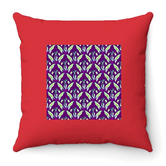 Vintage green flowers on purple background Throw Pillows