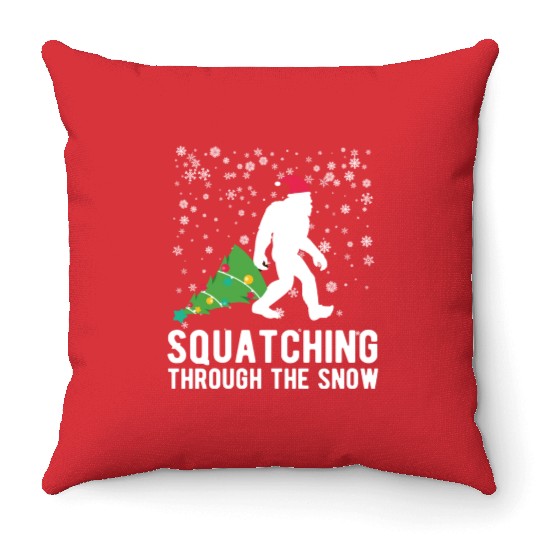 Christmas Bigfoot Squatching In The Snow Funny Throw Pillows