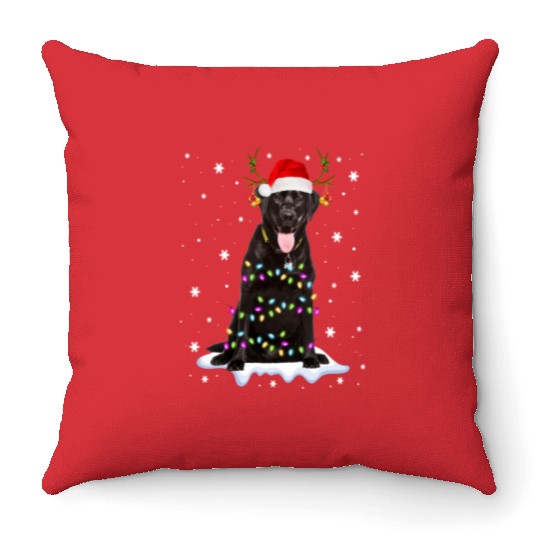 Black Lab Labrador Christmas Tree Light Pajama Dog Throw Pillows