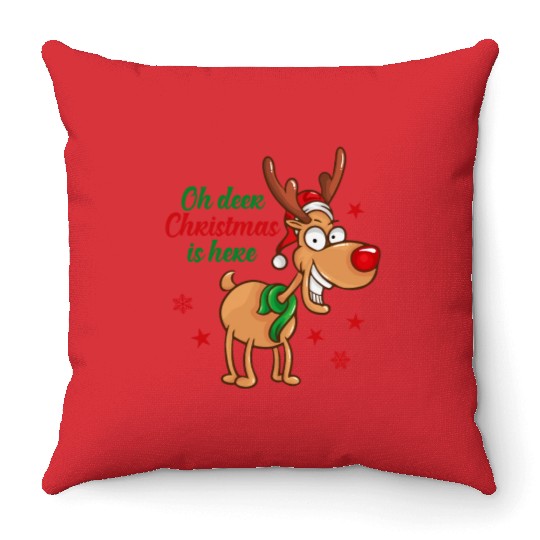 Reindeer Rudolph deer Christmas Is Here Throw Pillows