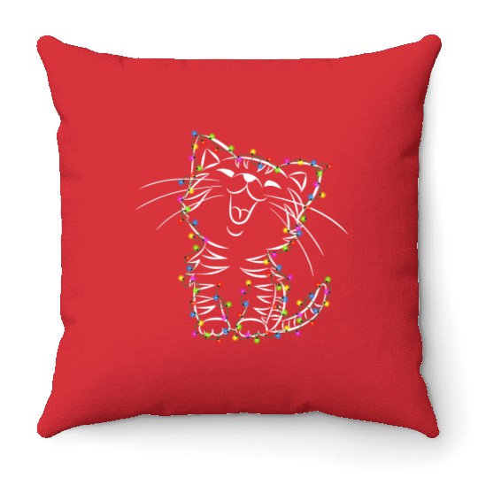 Cute Cat Christmas Lights Cat Lover Gifts Xmas Throw Pillows
