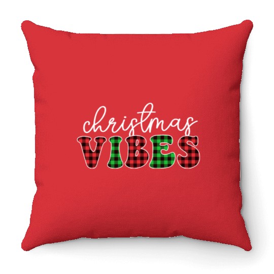 Christmas Vibes Buffalo Plaid Retro Christmas Throw Pillows