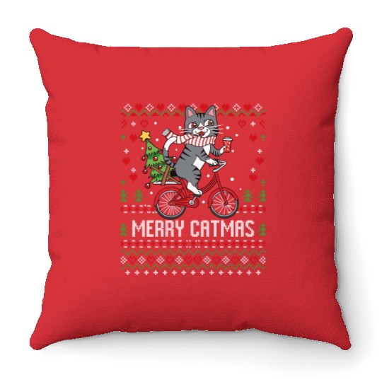 Merry Catmas Cat Lover Christmas Lights Ugly Xmas Throw Pillows
