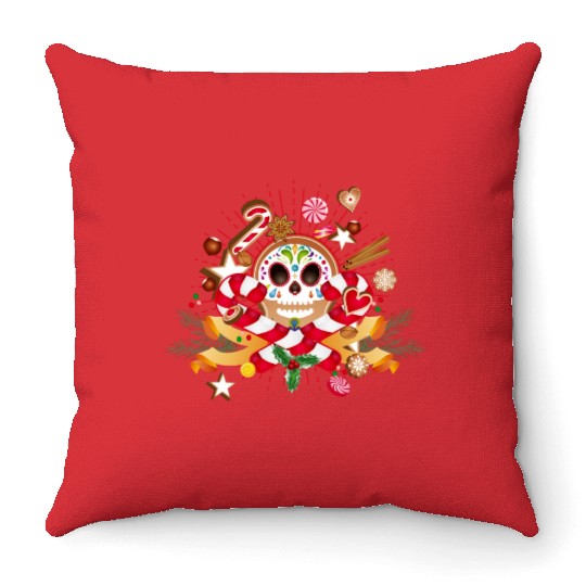 Gingerbread man Sugar Skull decor for Christmas Throw Pillows