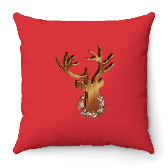 Deer head in wood look with Christmas wreath Throw Pillows