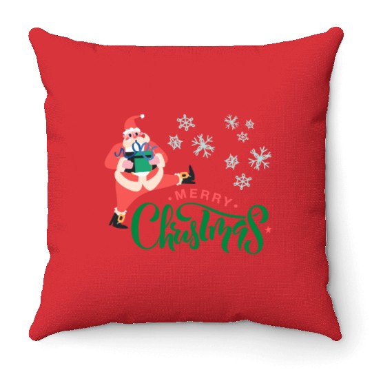 Merry Christmas in Green Font and Pink Santa Throw Pillows