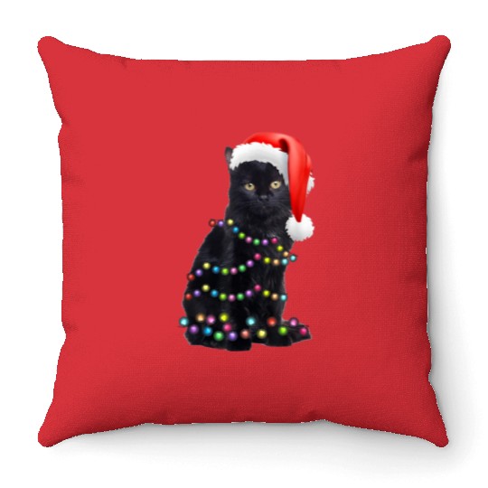 Black Cat Christmas Light Funny Cat Love Christmas Throw Pillows