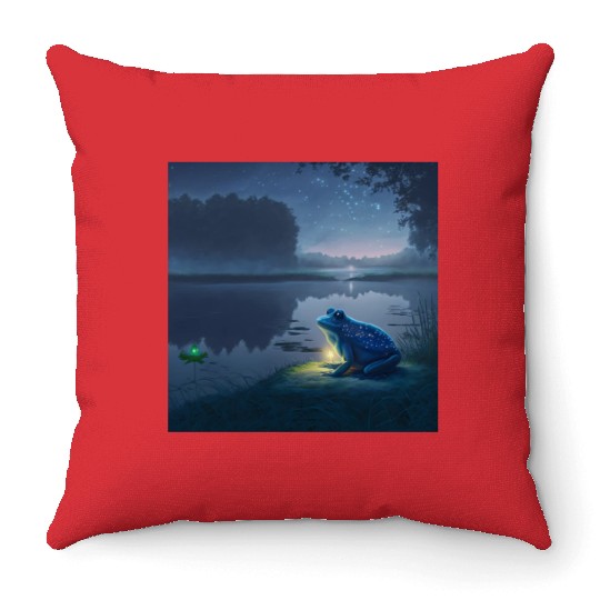Blue Frog and Firefly on a pond at Night Throw Pillows