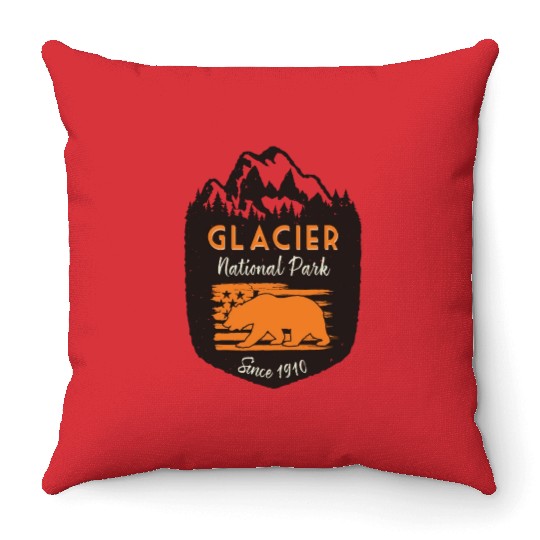 Glacier National Park US Flag Grizzly Bear Throw Pillows