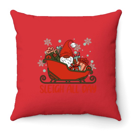 Xmas Christmas Sleigh All Day Gnome Throw Pillows