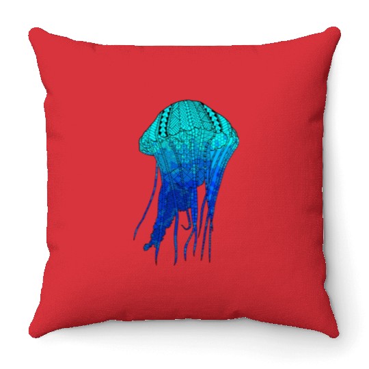 Cool Ocean Blue Tribal Jellyfish Throw Pillows