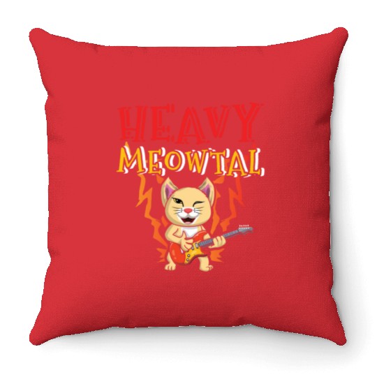 Kawaii Cat Heavy Meow Metal Music Lover Guitar Throw Pillows