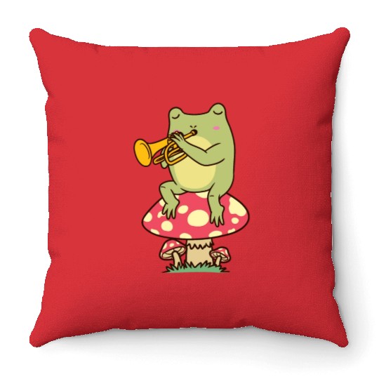Frog On Mushroom Trumpeter Trumpet Player Throw Pillows