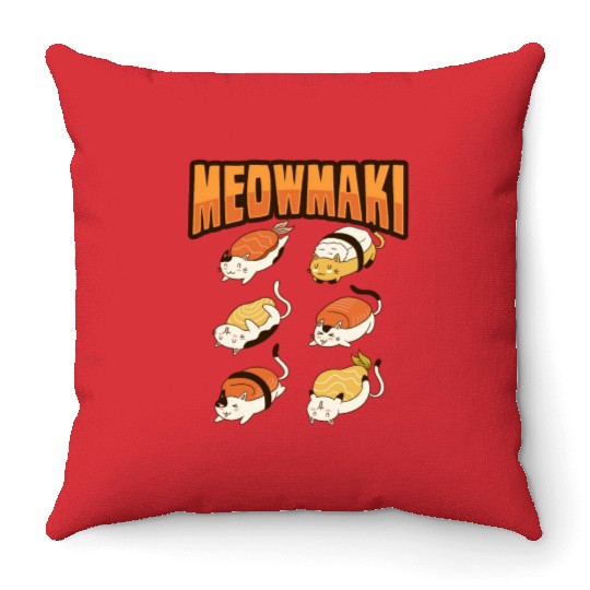 Cat Sushi Meow Design for a Cat Lady or Cat Mom Throw Pillows