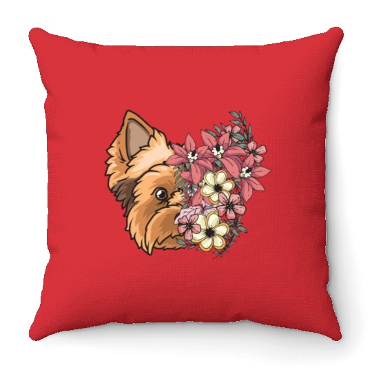 Yorkshire Terrier Dog Yorkie Face Flowers Throw Pillows