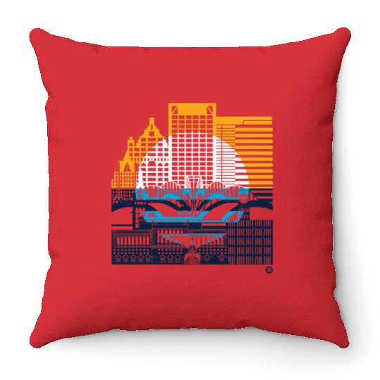 Milwaukee Skyline Squared Milwaukee Peoples Flag D Throw Pillows