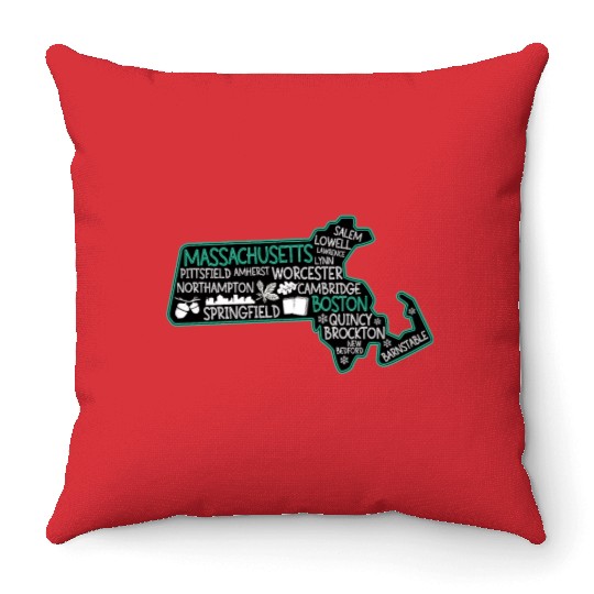 Massachusetts Boston cute map Salem Lowell Lawrenc Throw Pillows