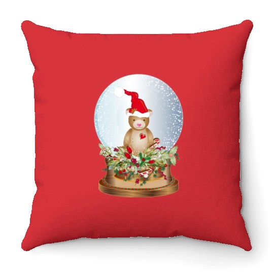 beautiful nostalgic snow globe with teddy bear Throw Pillows