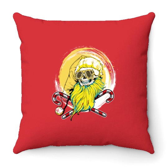 skull santa hat candy cane crew Throw Pillows