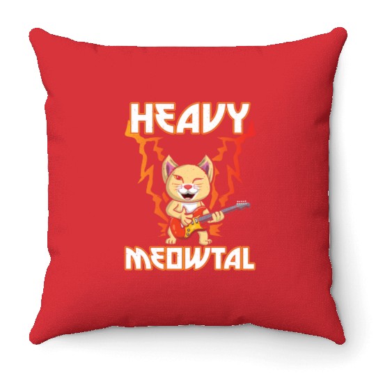 Heavy Meow Metal Music Lover Guitar Kawaii Cat Throw Pillows