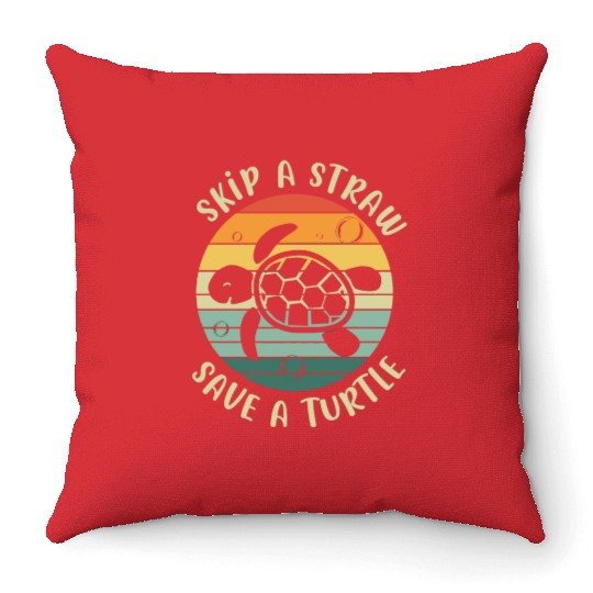 Skip A Straw Save A Turtle Retro Sunset Sea Turtle Throw Pillows