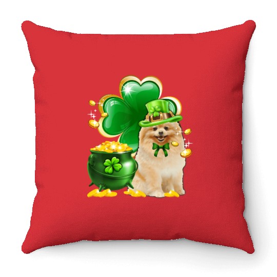 Pomeranian Dog Shamrock St Patricks Day Throw Pillows