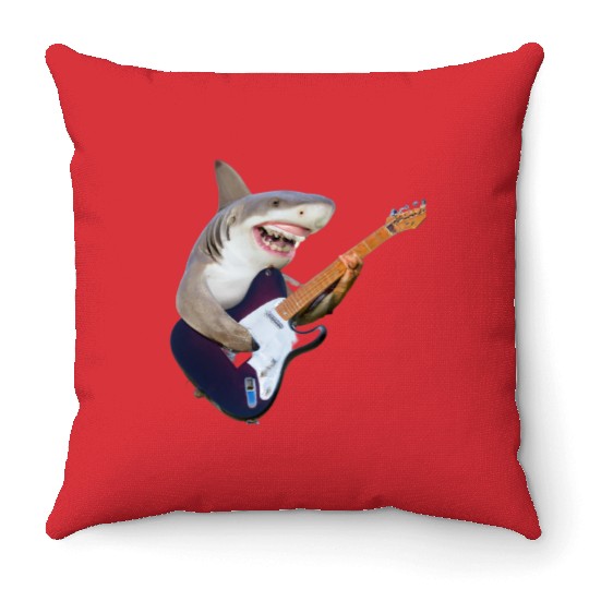 Shark jamming on an electric guitar Throw Pillows