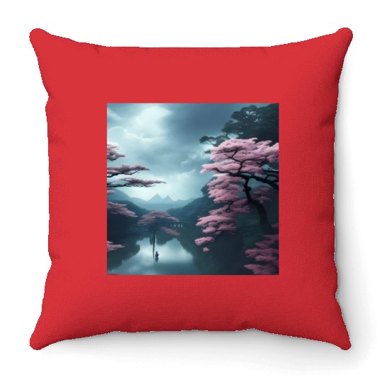 Pink trees by the water Throw Pillows