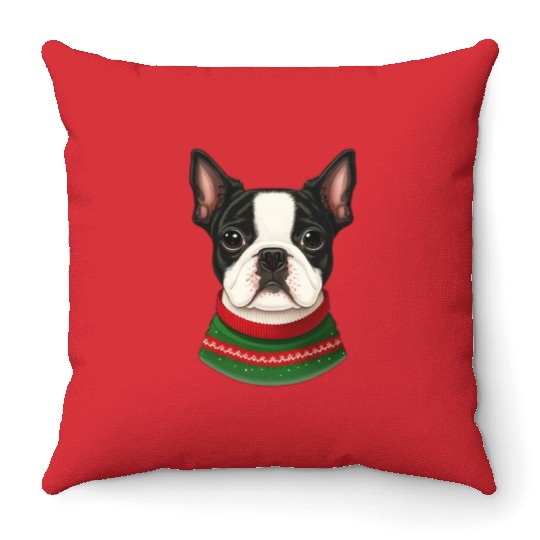 Festive Boston Terrier in a Christmas Sweater Throw Pillows