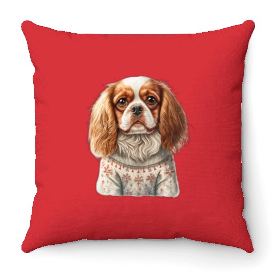 Cute Cavalier King Charles Spaniel Christmas Throw Pillows