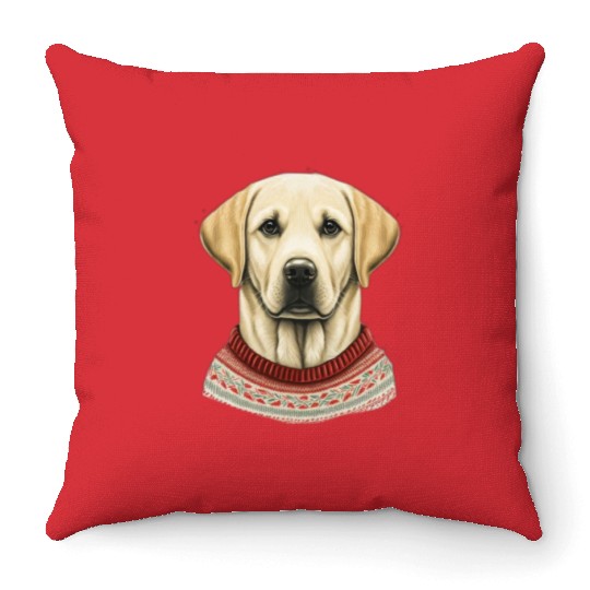 Festive Labrador Retriever in a Christmas Sweater Throw Pillows