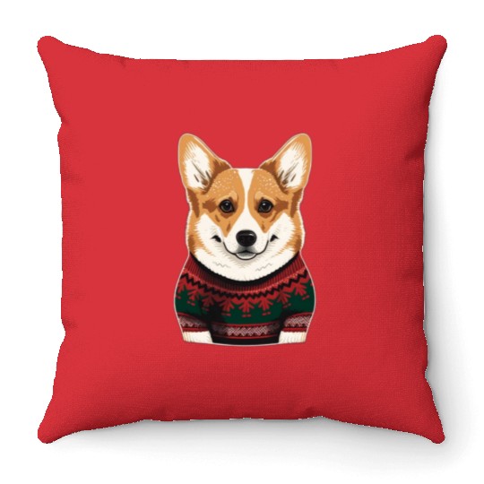 Festive Welsh Corgi in a Christmas Sweater Throw Pillows