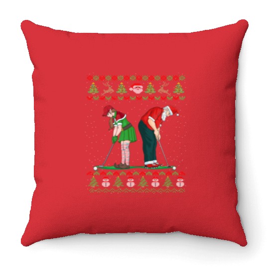 Golf Elf Golfer Ugly Christmas Santa Claus Golfing Throw Pillows
