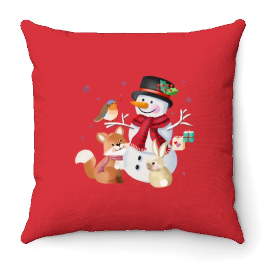 Snowman with fox, rabbit and robin Throw Pillows