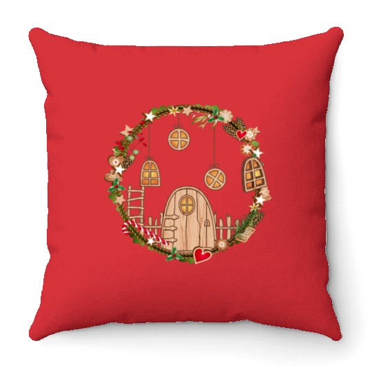 Elf door in Christmas wreath for Christmas Throw Pillows