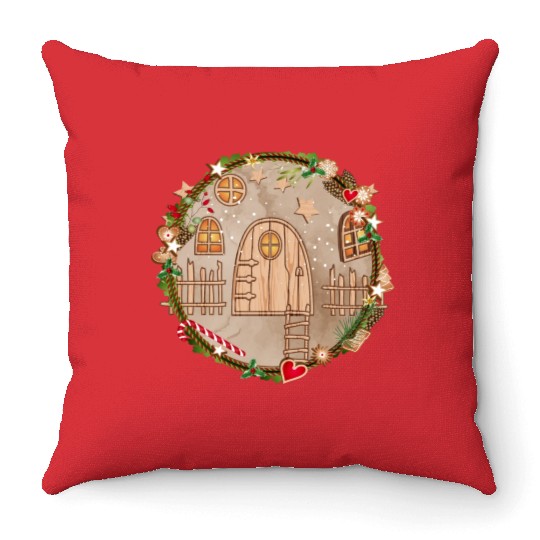 Elf door in Christmas wreath for Christmas Throw Pillows