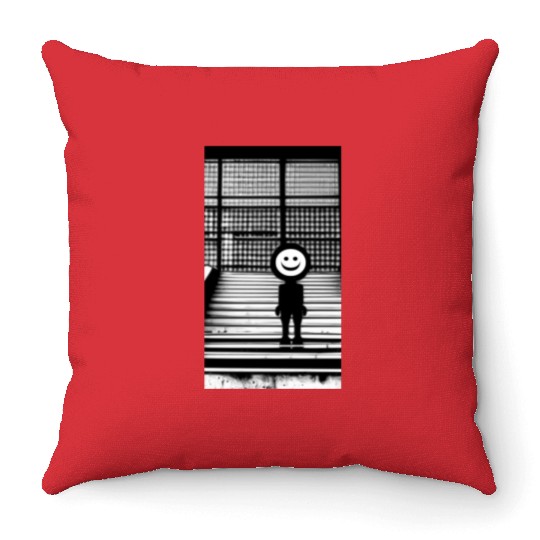 Smiley Face in Throw Pillows Standing on the Steps Street