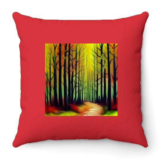 Sunset watercolor forest Throw Pillows